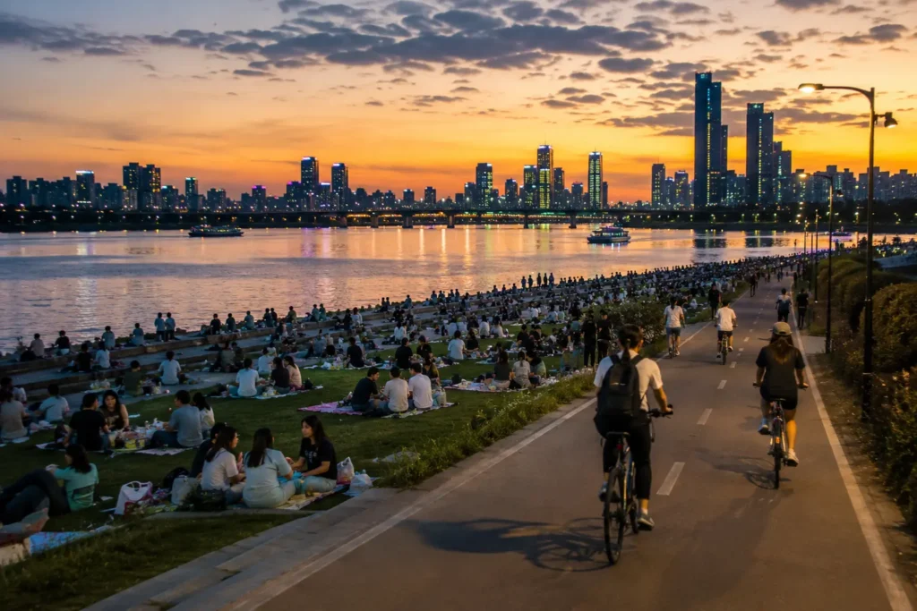 Evening picnic and cycling beside the Han River