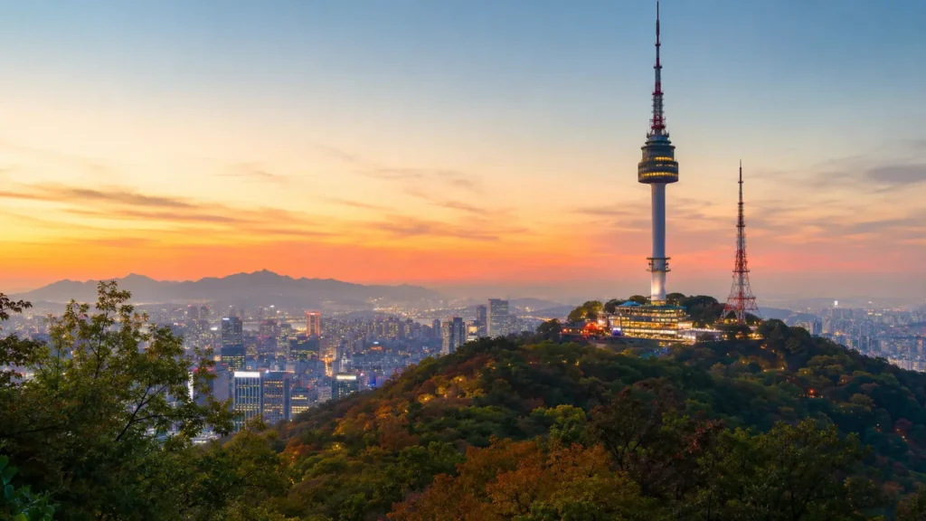 N Seoul Tower overlooking Seoul at sunset