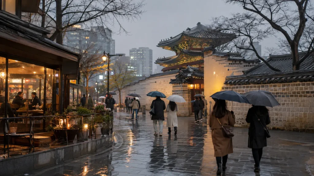 Visitors walking through Seoul on a rainy day