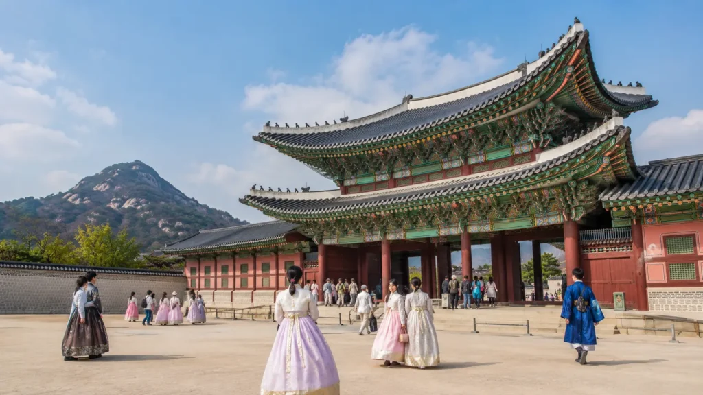 Visitors wearing hanbok at Gyeongbokgung Palace in Seoul