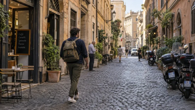 Male traveler walking along a quiet cobblestone street in central Rome.