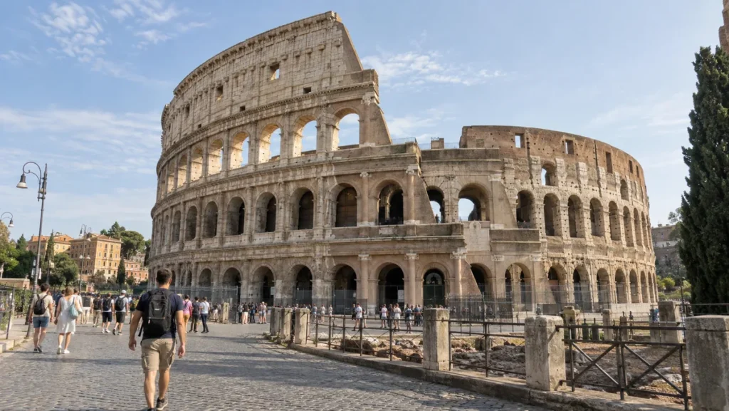 Colosseum in Rome with visitors approaching in the morning.