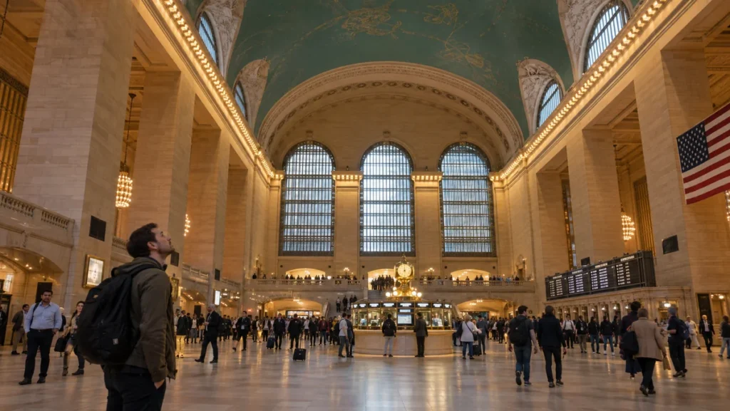Grand Central Terminal Main Concourse with its celestial ceiling and travelers below.