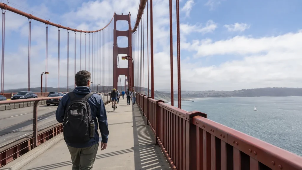 Male traveler walking along the Golden Gate Bridge pedestrian path above San Francisco Bay.