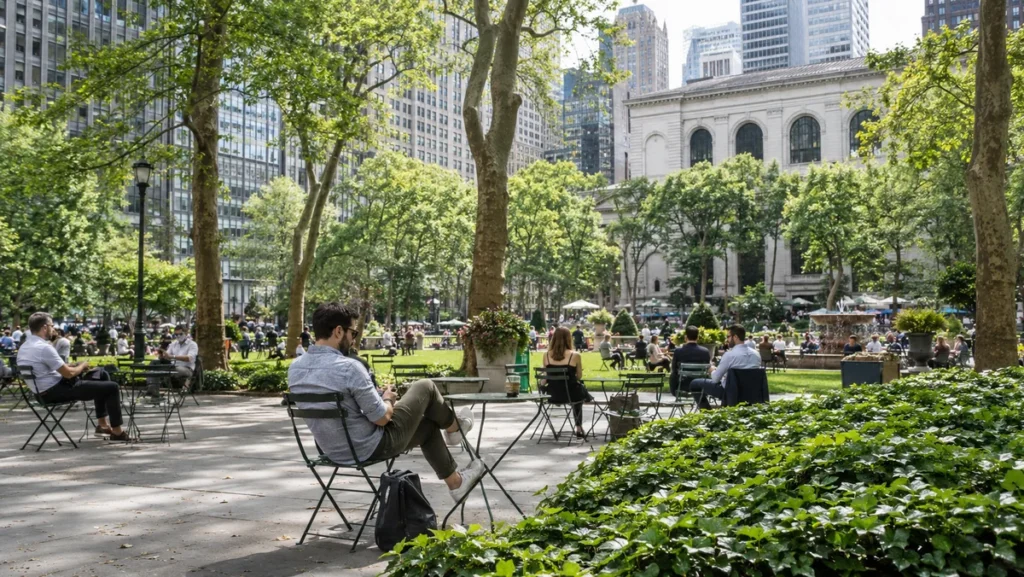 Bryant Park with spring trees, outdoor seating, Midtown buildings, and a traveler resting.