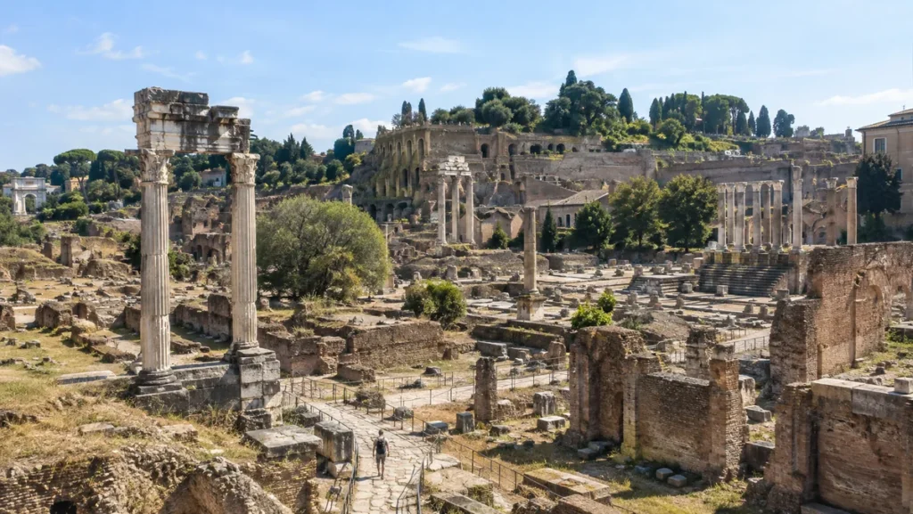 Roman Forum ruins and ancient columns below Palatine Hill in Rome.