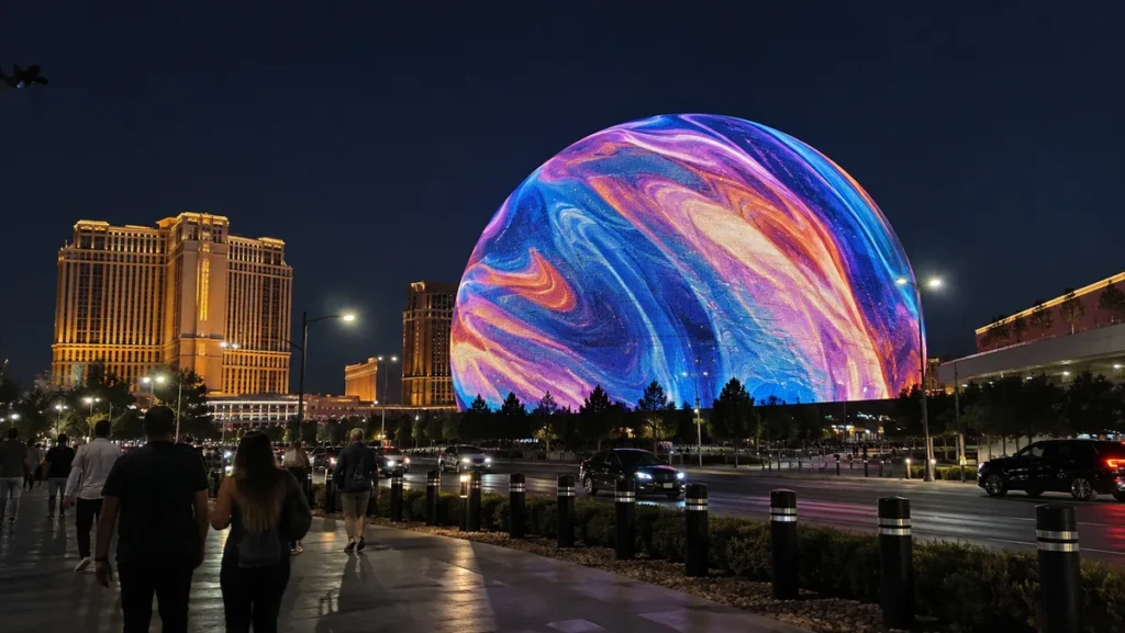Sphere illuminated at night near the Las Vegas Strip.