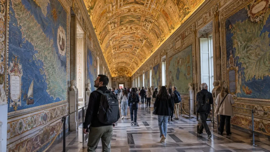 Gallery of Maps inside the Vatican Museums with visitors walking through.