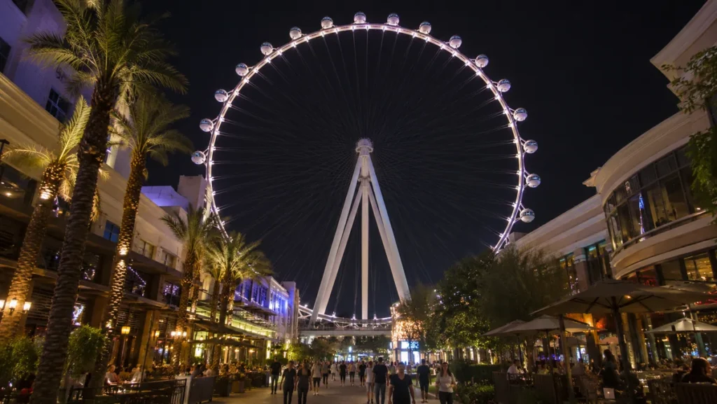High Roller observation wheel illuminated above LINQ Promenade at night.