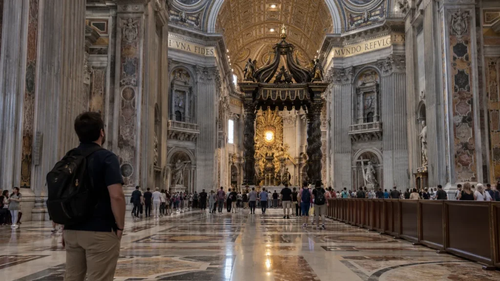 Interior of St. Peter’s Basilica with Bernini’s Baldachin beneath the central dome.
