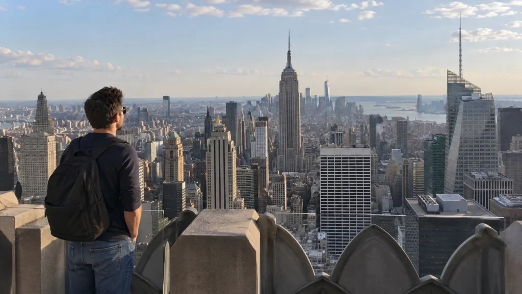 Traveler viewing the Empire State Building and Midtown skyline from Top of the Rock.