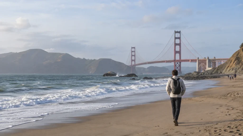 Traveler walking along Baker Beach with the Golden Gate Bridge beyond the Pacific shoreline.