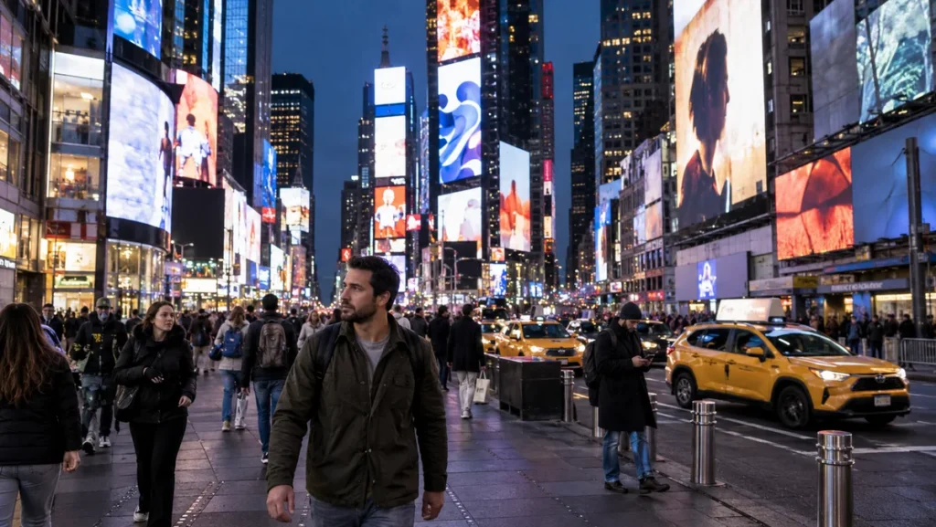 Busy Times Square at night with illuminated screens, yellow taxis, pedestrians, and a male traveler.