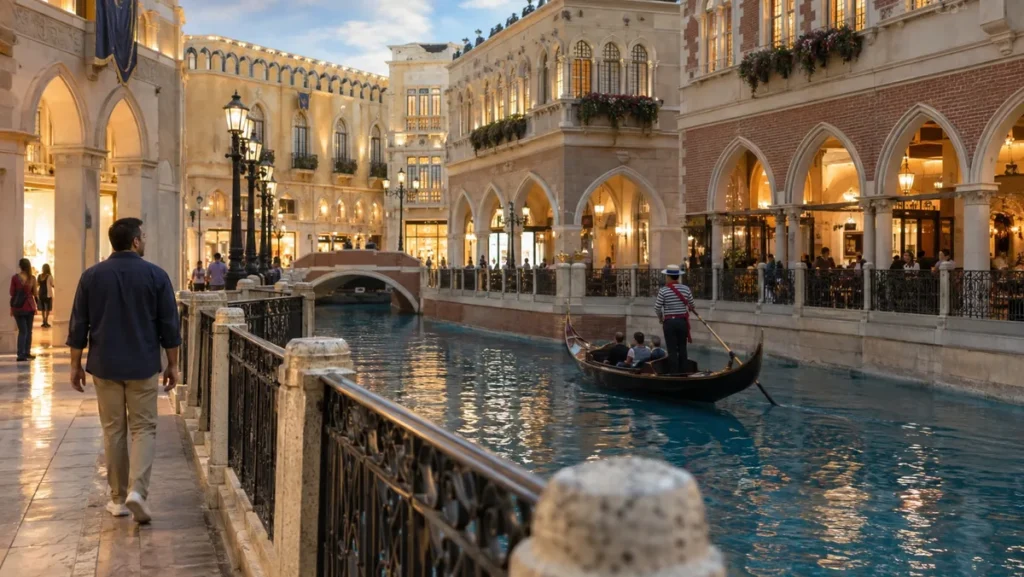 Indoor canal and Venetian-style architecture at The Venetian in Las Vegas.