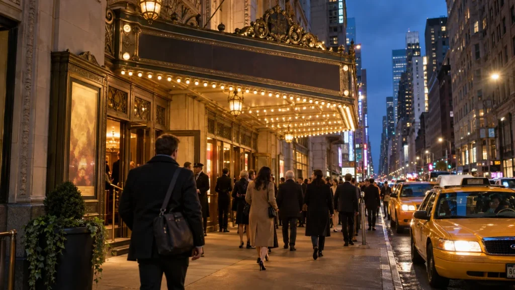 Evening crowd arriving at a Broadway theater in Manhattan with taxis along the street.