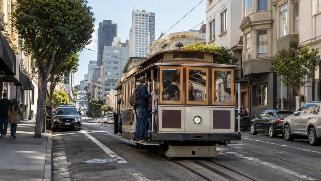 Historic San Francisco cable car traveling along a steep city street with passengers aboard.