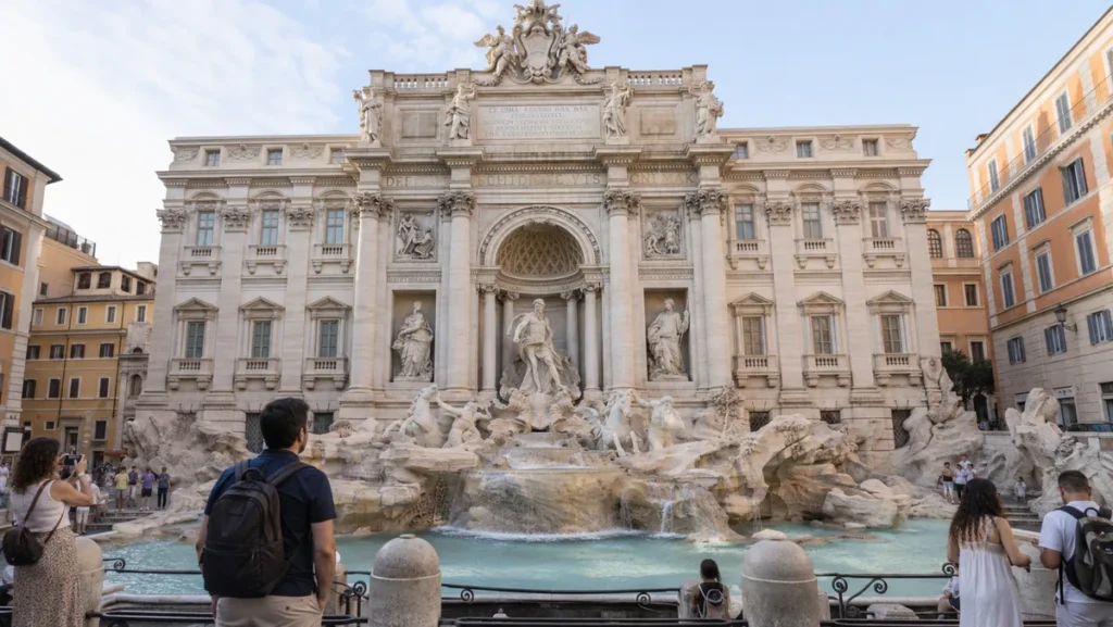Trevi Fountain in Rome with visitors gathered around the viewing area.