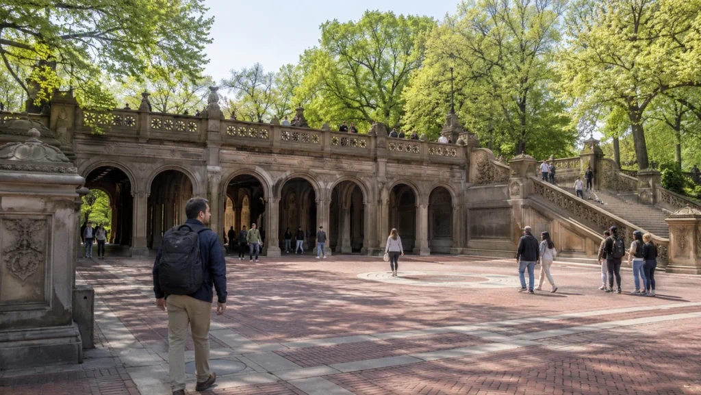 Bethesda Terrace in Central Park with spring trees, visitors, and a male traveler walking through the plaza.