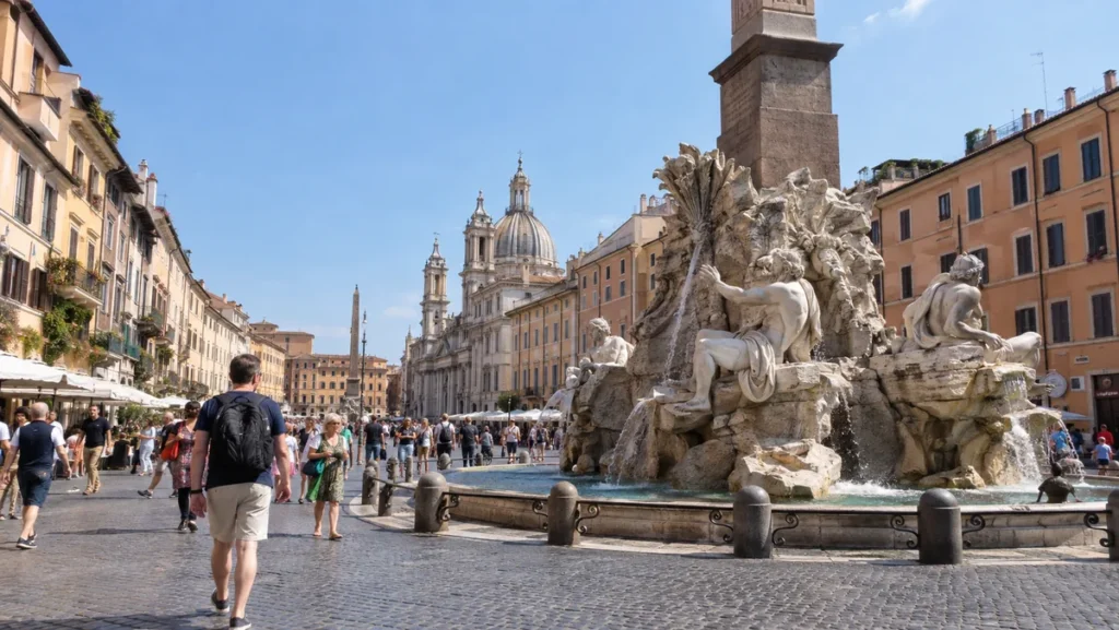 Piazza Navona in Rome with historic buildings and the Fountain of the Four Rivers.