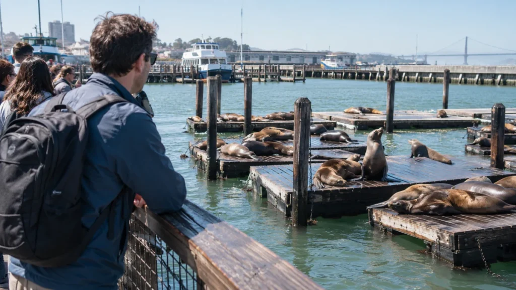 California sea lions resting on floating docks at Pier 39 while visitors watch from the waterfront railing.