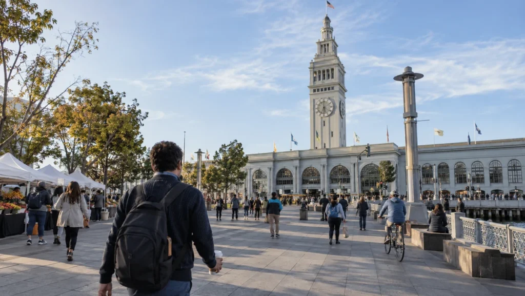 San Francisco Ferry Building and Embarcadero plaza with pedestrians, cyclists, and morning market activity.