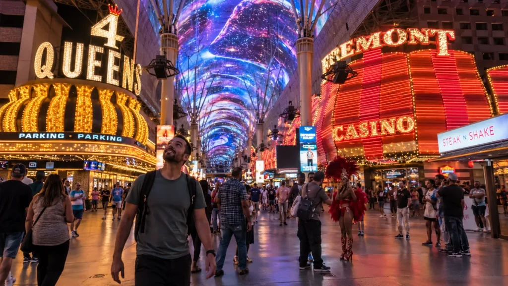 Visitors walking beneath the illuminated canopy at Fremont Street Experience.