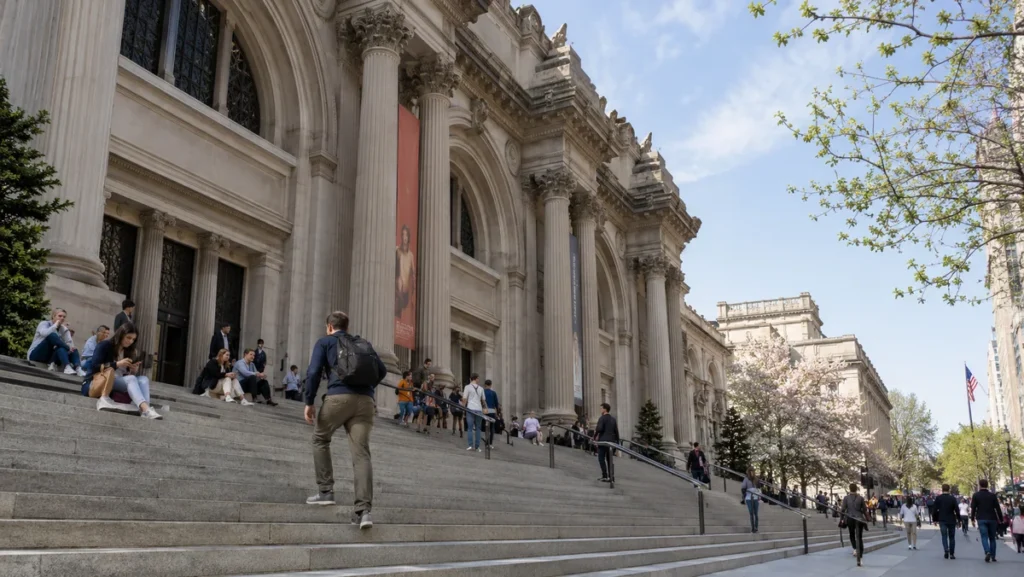 The Metropolitan Museum of Art entrance and broad steps with visitors on a spring day.