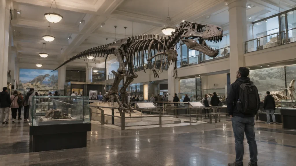Dinosaur skeleton gallery inside the American Museum of Natural History with visitors viewing the exhibit.