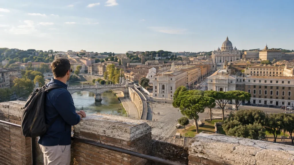 Rome and St. Peter’s Basilica viewed from the upper terrace of Castel Sant’Angelo.