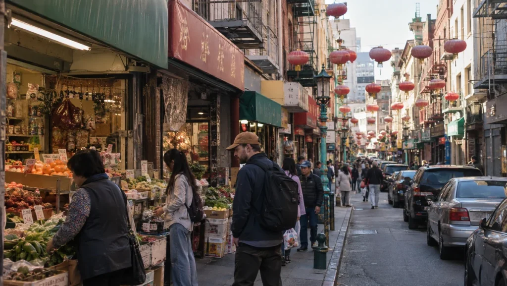 Traveler walking through a Chinatown street lined with produce shops, storefronts, and red lanterns.