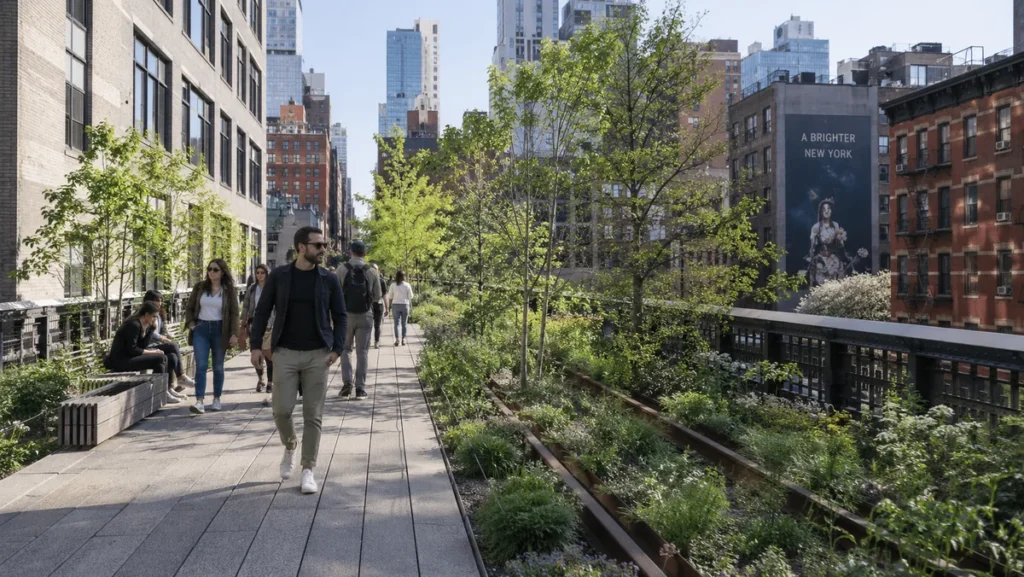 High Line walkway in Chelsea with spring plantings, old railway tracks, city buildings, and a male traveler.