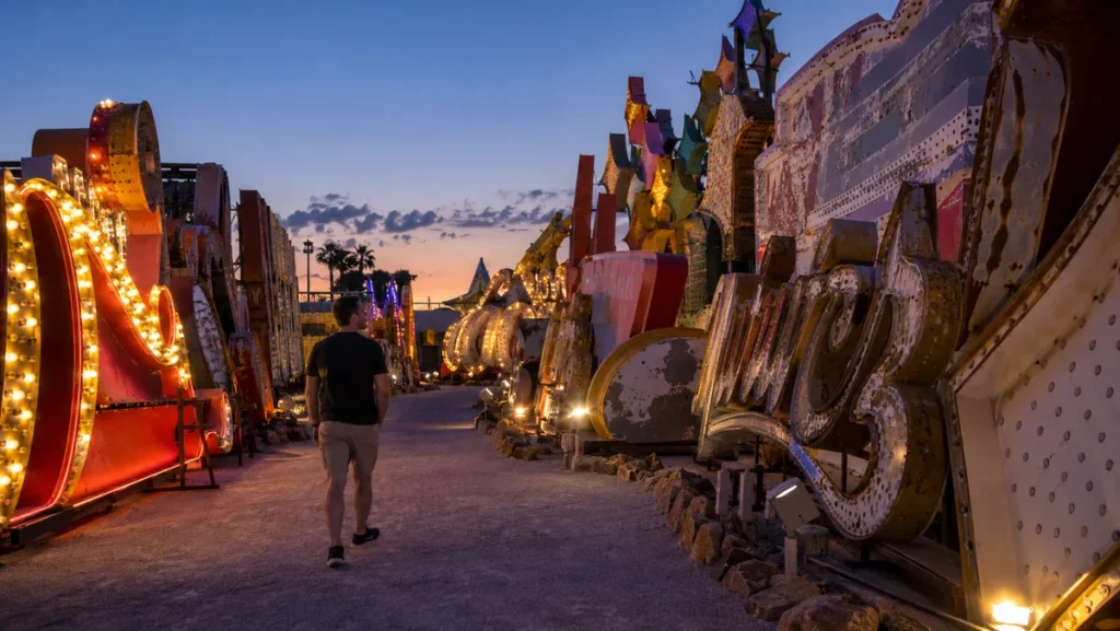 Vintage neon signs in the Neon Museum Boneyard at dusk.