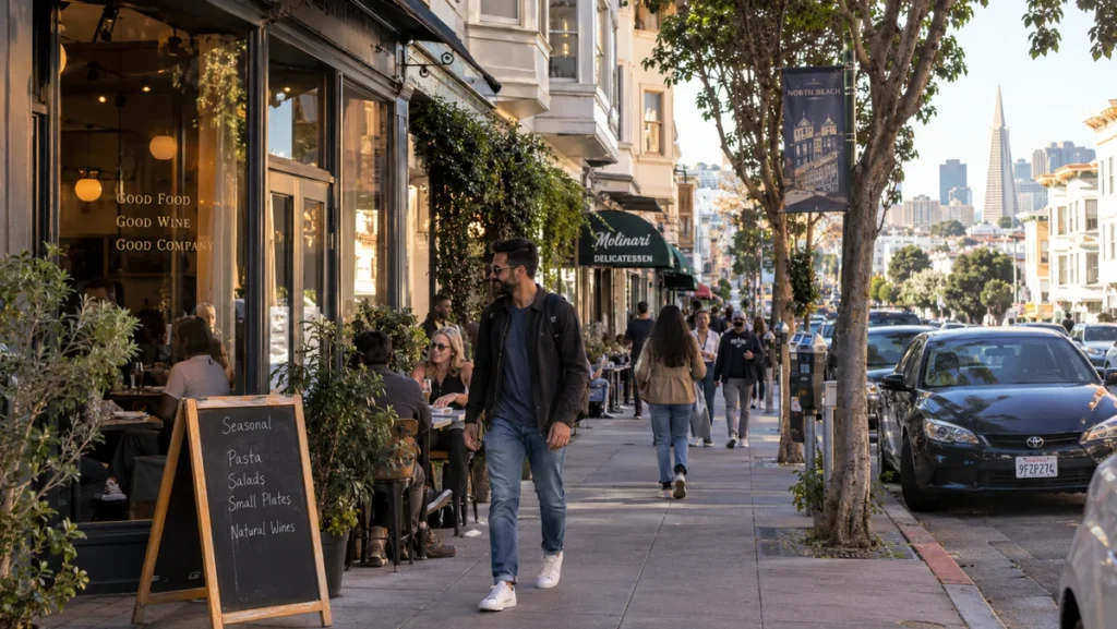 Traveler walking through North Beach past cafés, restaurants, and neighborhood storefronts.