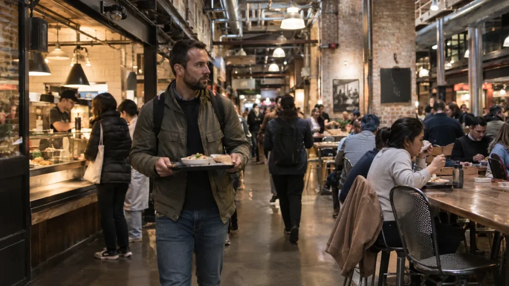 Busy Chelsea Market food hall with brick interiors, food counters, and lunchtime visitors.