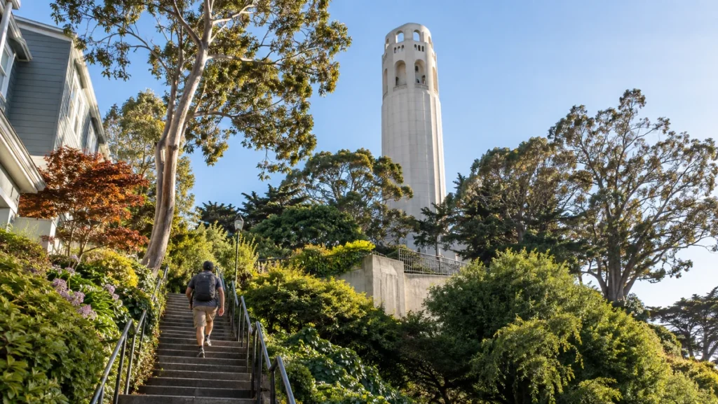 Coit Tower above Telegraph Hill with a traveler climbing a steep pedestrian staircase.