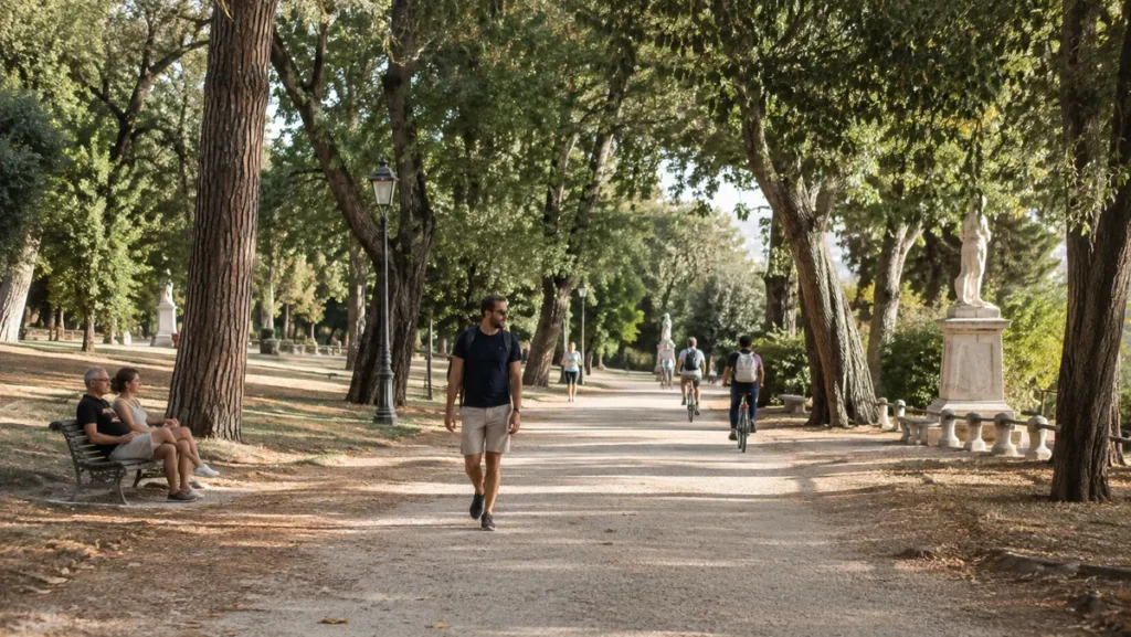 Travelers walking and cycling along a shaded path in Villa Borghese park.