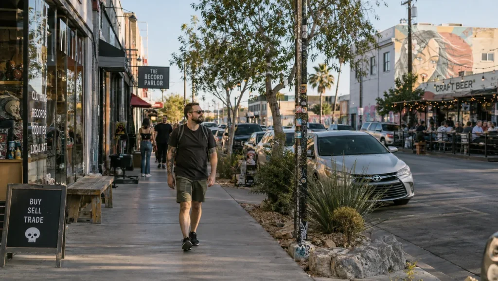 Murals, vintage shops, and local businesses along a street in the Las Vegas Arts District.