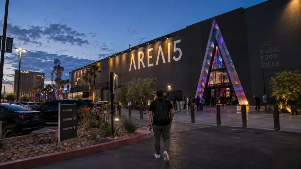 Visitors arriving at the AREA15 entertainment complex in Las Vegas at dusk.