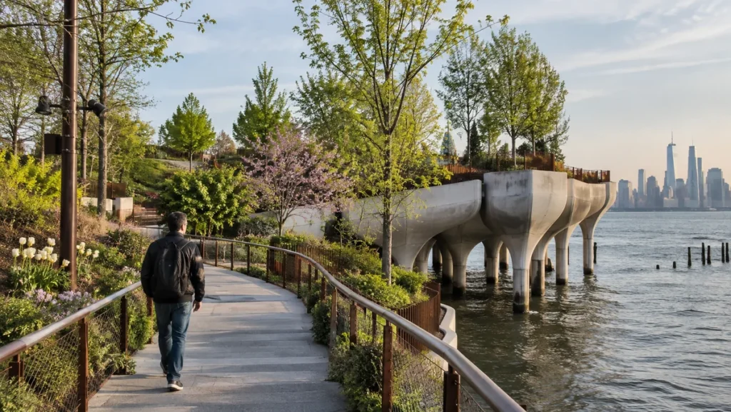 Little Island park over the Hudson River with landscaped paths, spring greenery, and the Manhattan waterfront.