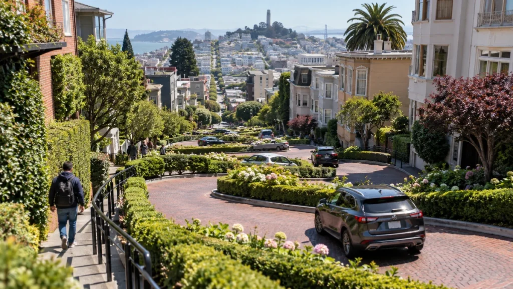 Crooked Lombard Street with brick switchbacks, flower beds, cars, and pedestrians on the side steps.