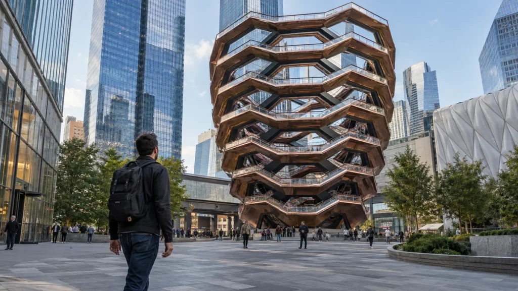 The Vessel and surrounding glass towers at Hudson Yards with visitors crossing the public plaza.