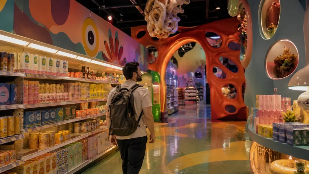 Male traveler exploring a surreal supermarket-style immersive art space at Omega Mart.