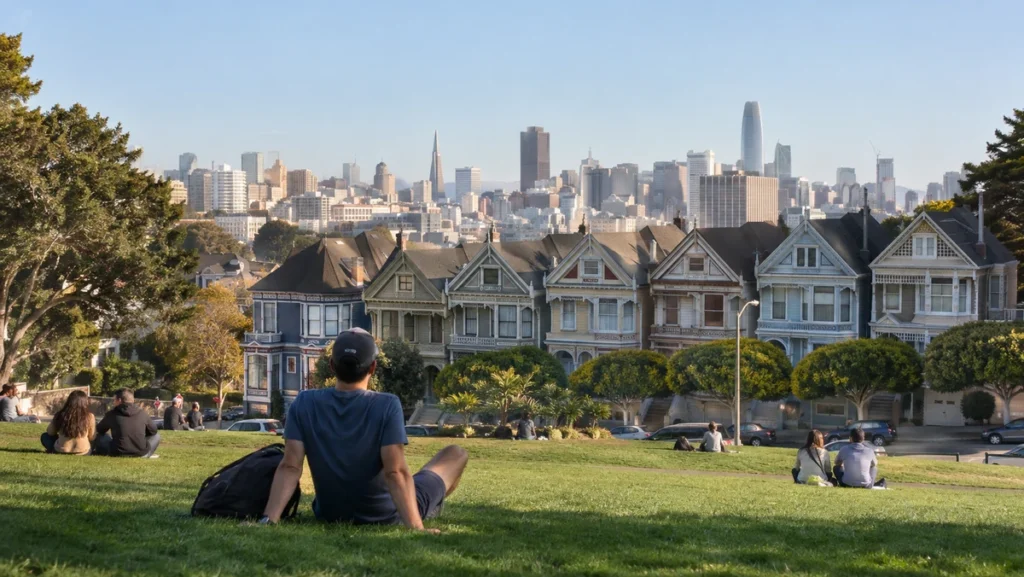 Painted Ladies viewed from Alamo Square with a traveler sitting on the grass and the San Francisco skyline behind.