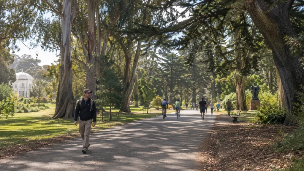 Traveler walking along a tree-lined path in Golden Gate Park with cyclists and joggers nearby.
