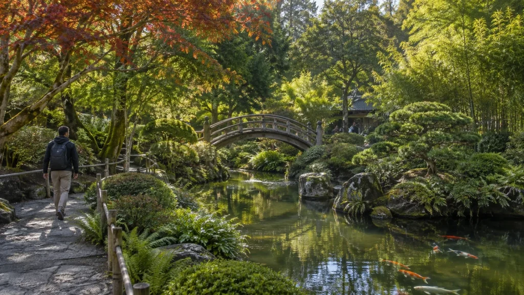 Japanese Tea Garden with a curved bridge, koi pond, stone path, and a traveler walking through the garden.
