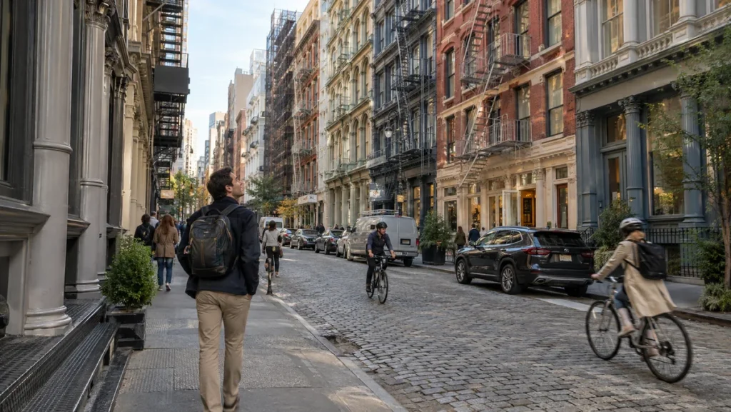 Historic cast-iron buildings, fire escapes, cyclists, and pedestrians on a SoHo street in Manhattan.