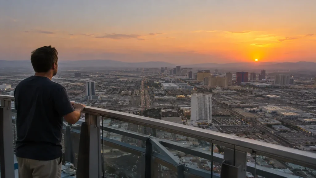 Male traveler looking across Las Vegas from the STRAT observation deck at sunset.