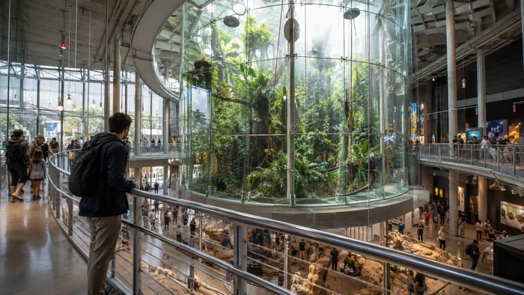 California Academy of Sciences interior with visitors overlooking the large glass rainforest enclosure.