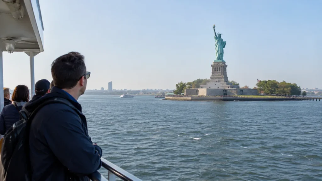 Statue of Liberty seen from a ferry approaching Liberty Island across New York Harbor.