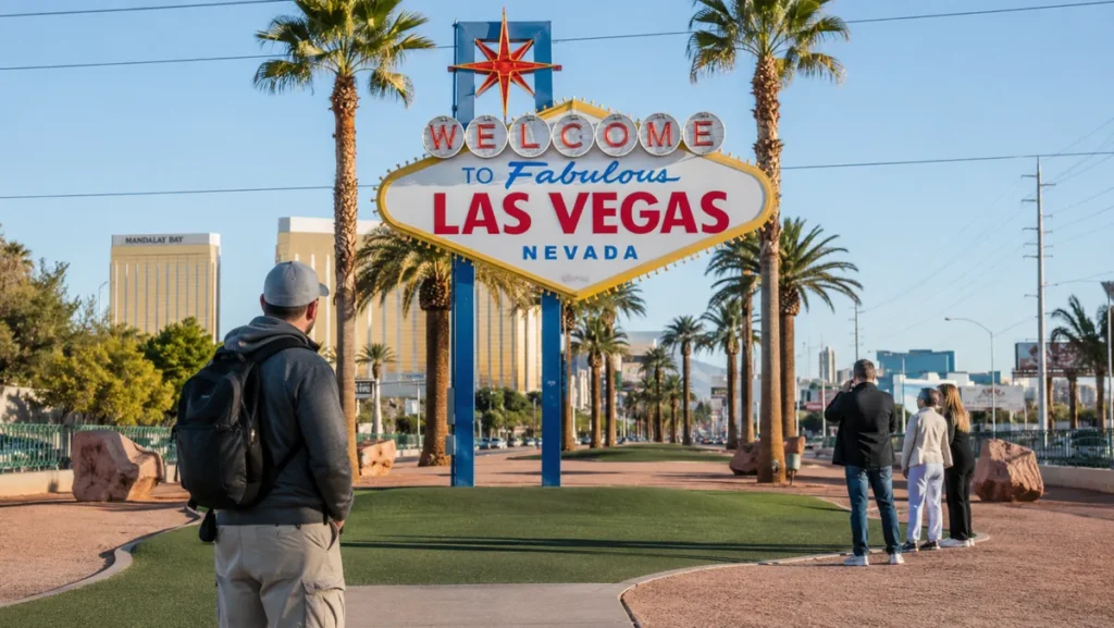 Welcome to Fabulous Las Vegas sign in soft early-morning light.